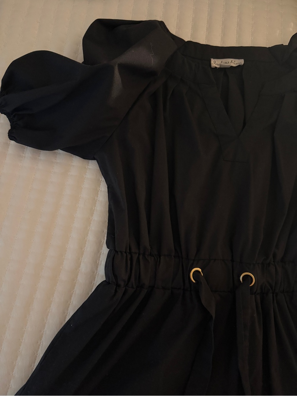 Black Maxi Dress with Puff Sleeves and Drawstring Waist